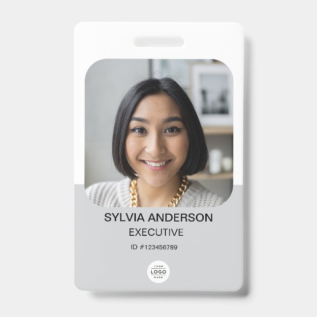 Grey Custom Photo Employee ID Logo QR Code Badge (Front)