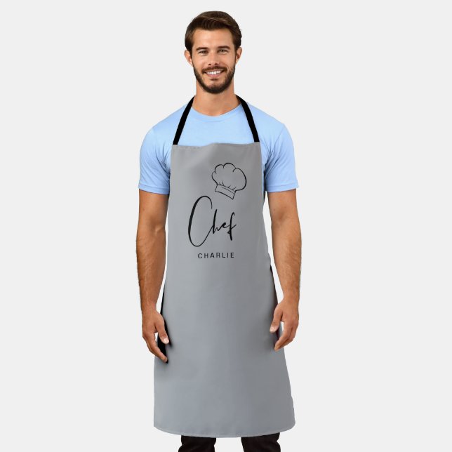 Grey cute hat and script personalised chef apron (Worn)