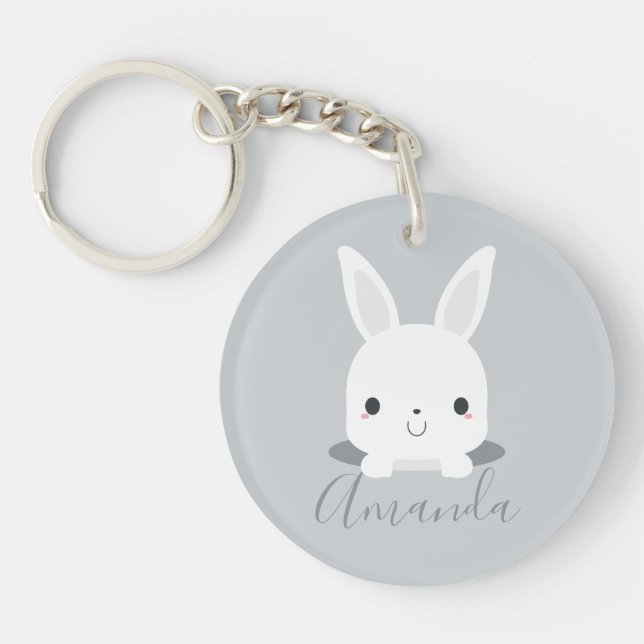 Grey Cute Little Bunny Rabbit with Custom Name Key Ring (Front)