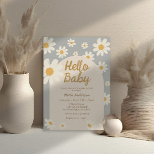 Grey Daisy Hello Baby Retro Boho Baby Shower  Invitation