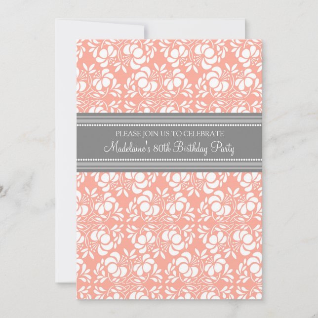 Grey Damask 80th Birthday Party Invitations (Front)