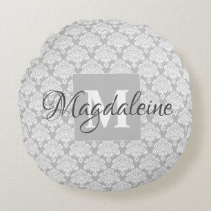 Grey Damask Accent Pillow w/ Monogram & Name