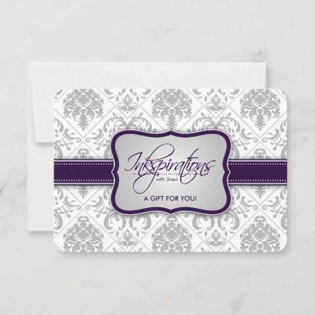 Grey Damask and Eggplant Purple Gift Certificate (Front)