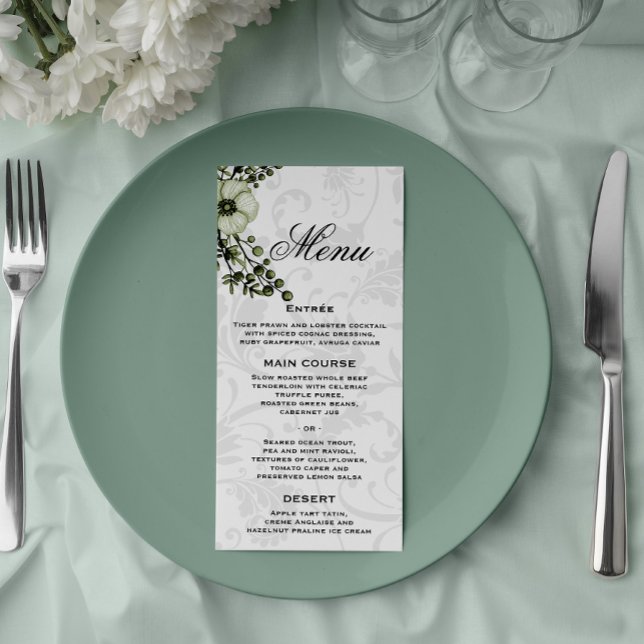 Grey Damask and Green Bouquet Boho Wedding  Menu (Creator Uploaded)