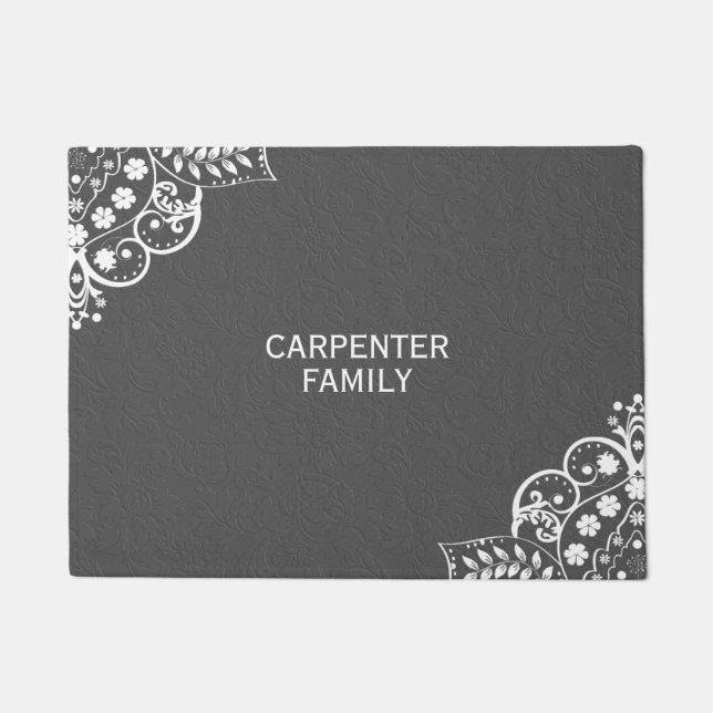 Grey Damask And White Floral Lace Doormat (Front)