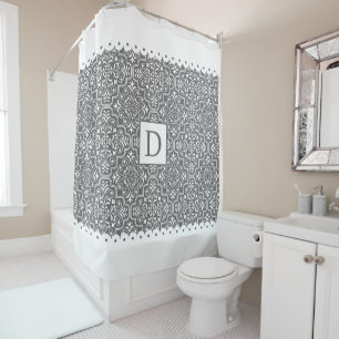 Grey damask and white scalloped borders monogram shower curtain