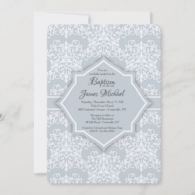 Grey Damask Baptism Invitation (Front)
