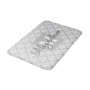 Grey Damask Bath Mat with Monogram & Name
