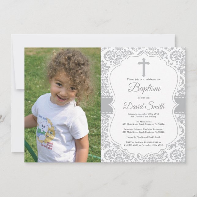 Grey Damask Cross Baptism Invitation (Front)