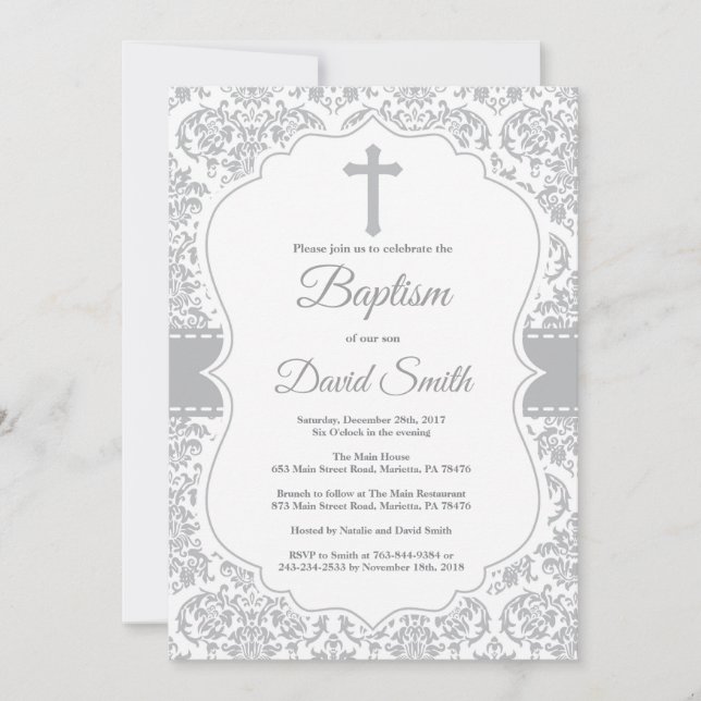 Grey Damask Cross Baptism Invitation (Front)