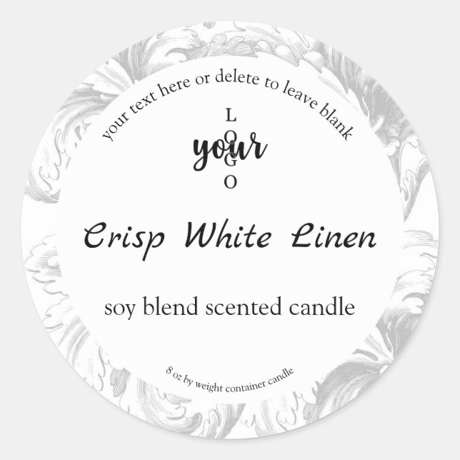 Grey Damask Custom Container Candle Label (Front)