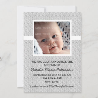 Grey Damask Frame Photo Baby Announcement