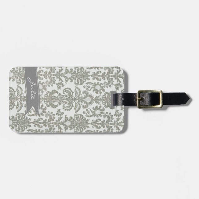 Grey Damask Luggage Tag (Front Horizontal)
