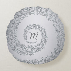 Grey Damask Monogram Round Cushion