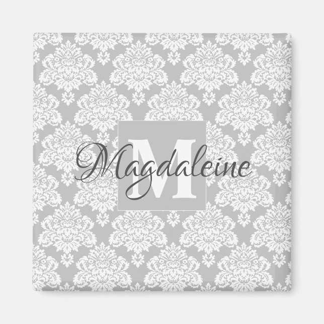 Grey Damask Monogram with Name Magnet (Front)