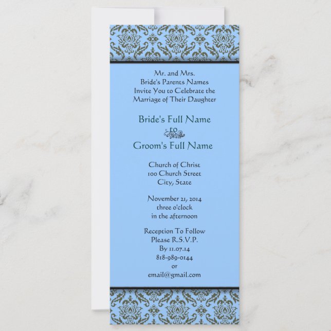Grey Damask On Aqua Blue Wedding Invitation (Front)