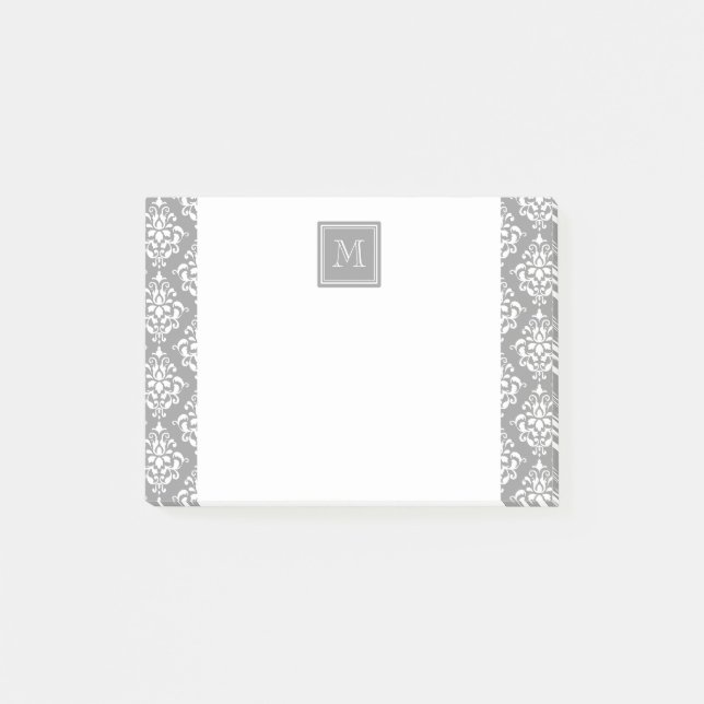 Grey Damask Pattern 1 with Monogram Post-it Notes (Front)