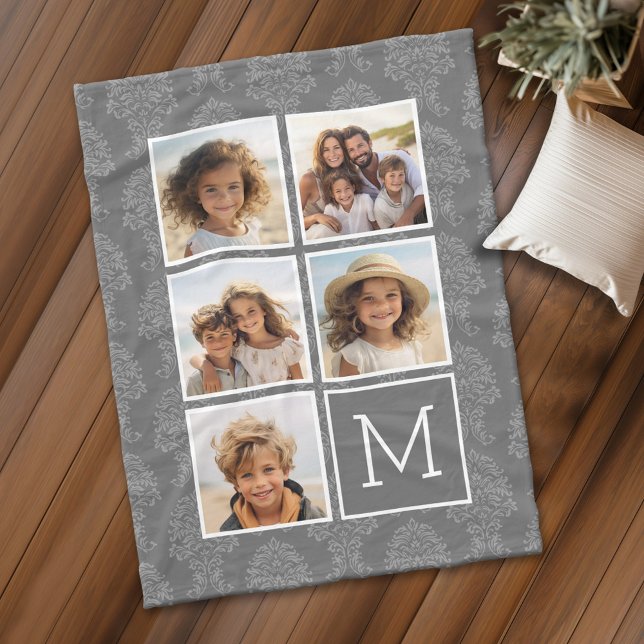 Grey Damask Pattern 5 Photo Collage Monogram Fleece Blanket (Personalized fleece blanket with 5 photos and a monogram)