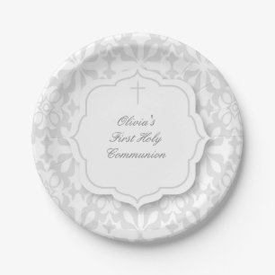 Grey Damask Pattern with Cross Paper Plate