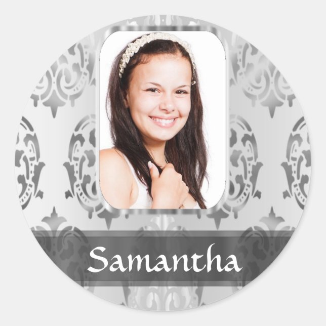 Grey damask personalised photo border classic round sticker (Front)