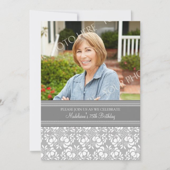 Grey Damask Photo 75th Birthday Party Invitations (Front)