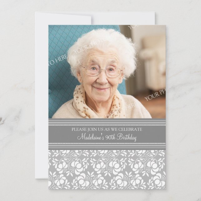 Grey Damask Photo 90th Birthday Party Invitations (Front)
