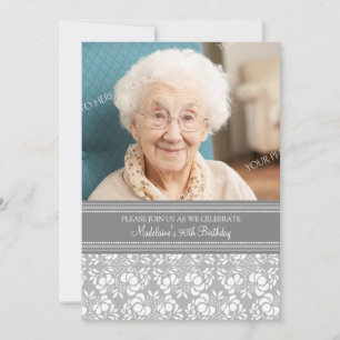 Grey Damask Photo 90th Birthday Party Invitations