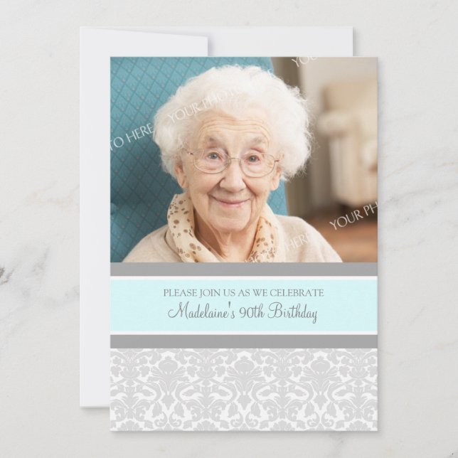Grey Damask Photo 90th Birthday Party Invitations (Front)