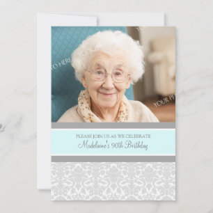 Grey Damask Photo 90th Birthday Party Invitations