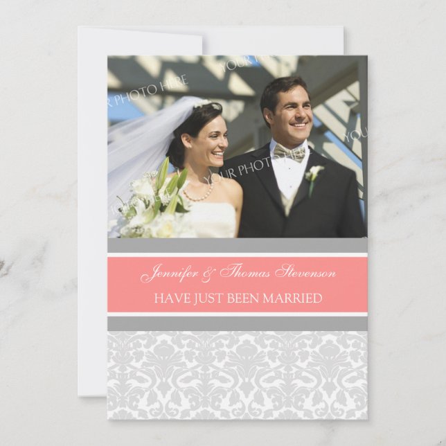 Grey Damask Photo Just Married Announcement Cards (Front)