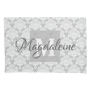 Grey Damask Pillow Case with Monogram & Name