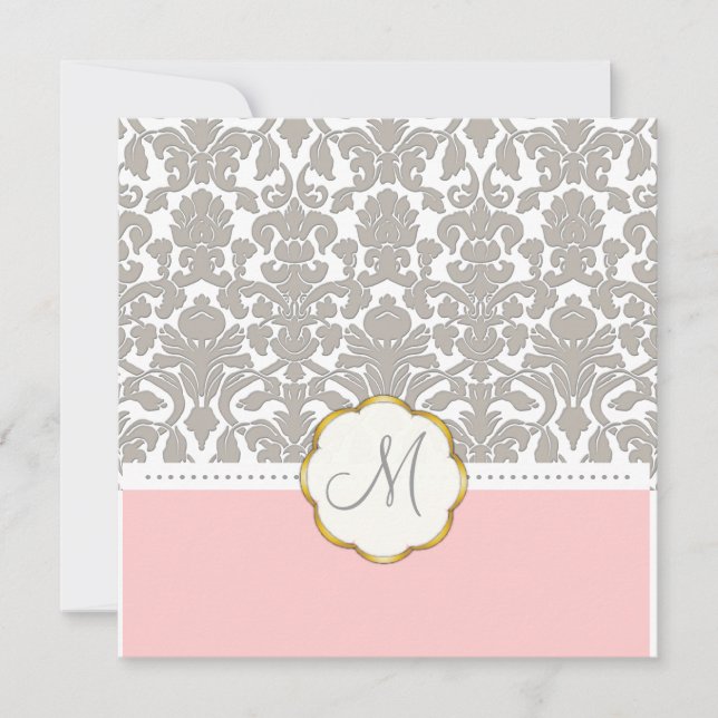 Grey Damask + Pink Accent Wedding Invitations (Front)