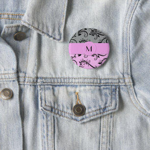 Grey Damask, Pink Damask, Monogram 6 Cm Round Badge