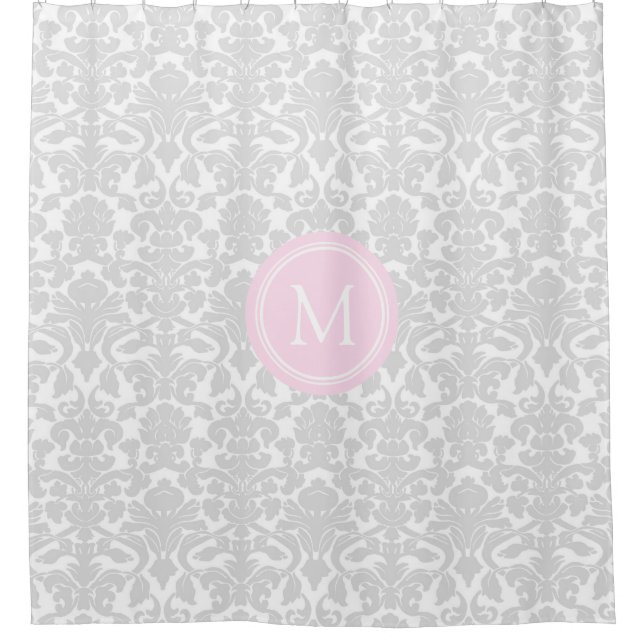 Grey Damask Pink Monogram Shower Curtain (Front)
