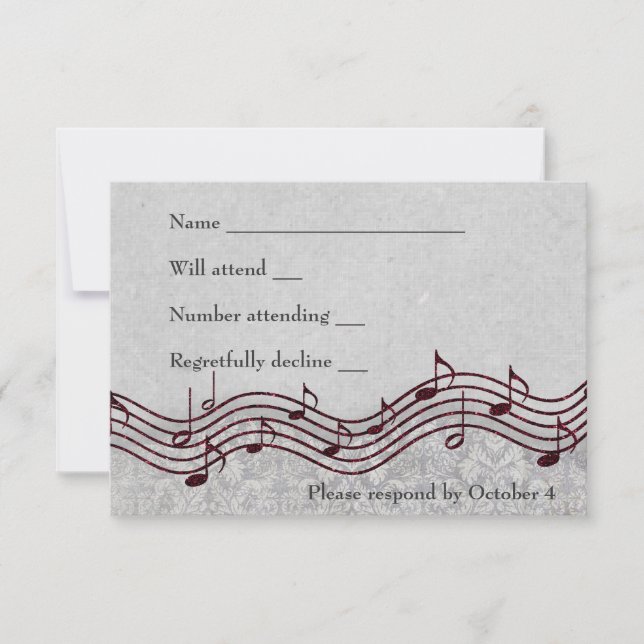 Grey Damask Red Music RSVP Card (Front)