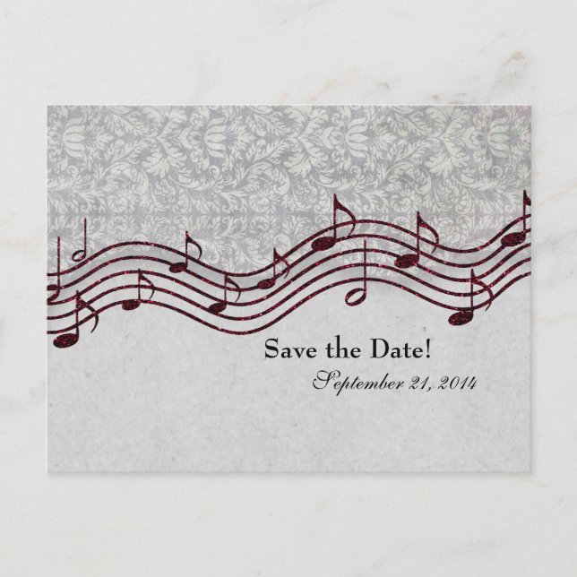 Grey Damask Red Music Save the Date Announcement Postcard (Front)