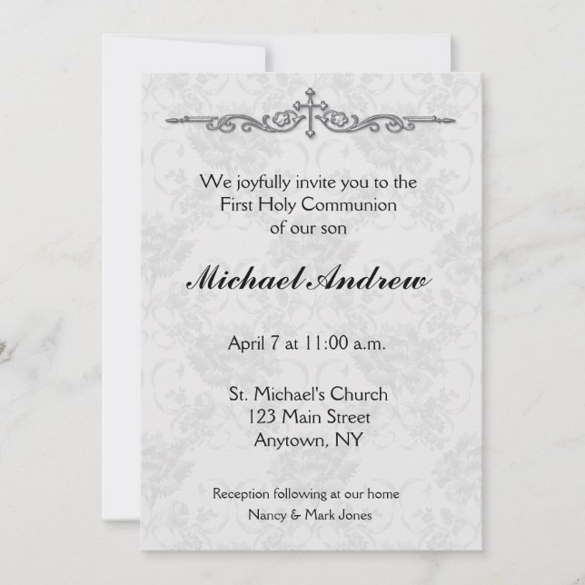 Grey Damask Religious Invitation (Front)