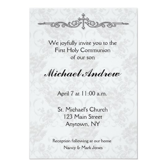 Grey Damask Religious Invitation