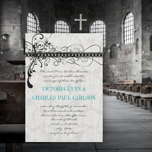 Grey Damask Renaissance Wedding Photo Invitation