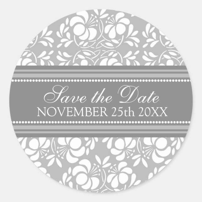 Grey Damask Save the Date Envelope Seal (Front)