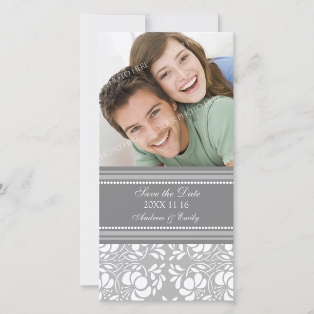 Grey Damask Save the Date Wedding Photo Cards (Front)