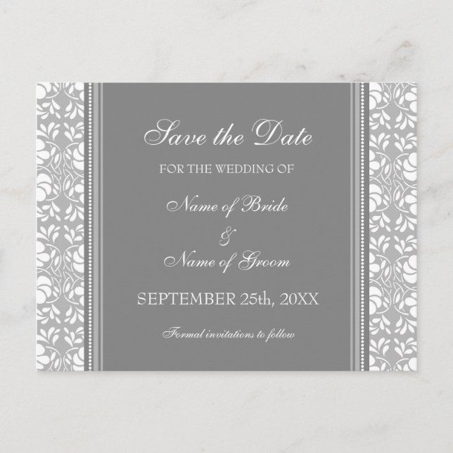 Grey Damask Save the Date Wedding Postcards (Front)
