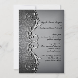 Grey Damask, Silver Scroll Invitation