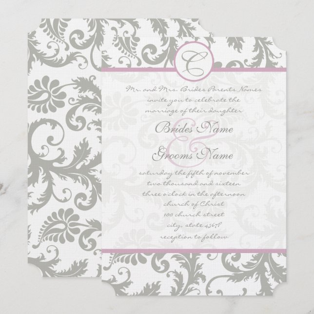 Grey Damask Sweet Lilac Wedding Invitations (Front/Back)