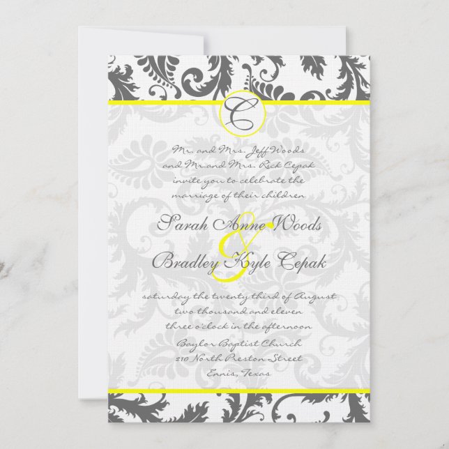 Grey Damask Swirls Bight Yellow Wedding Invitation (Front)