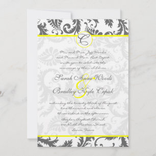 Grey Damask Swirls Bight Yellow Wedding Invitation