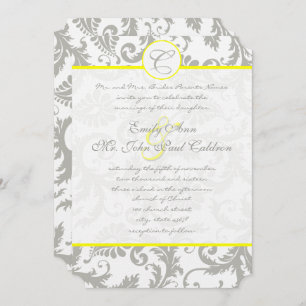 Grey Damask Swirls Bight Yellow Wedding Invitation