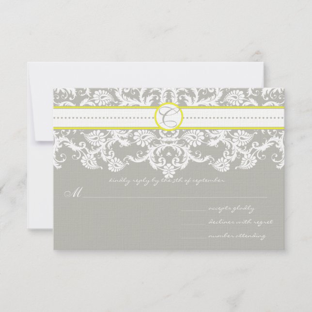 Grey Damask Swirls Bright Yellow Wedding RSVP (Front)