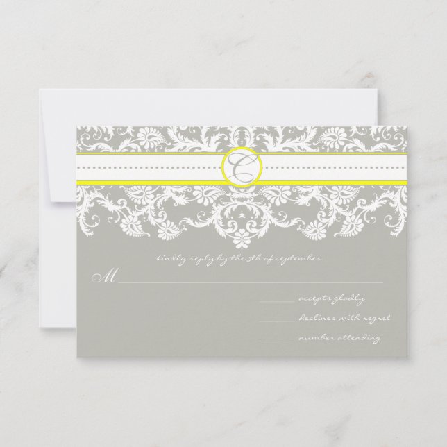 Grey Damask Swirls Bright Yellow Wedding RSVP (Front)