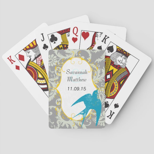 Grey Damask Teal Sparrow  Wedding Playing Card (Back)